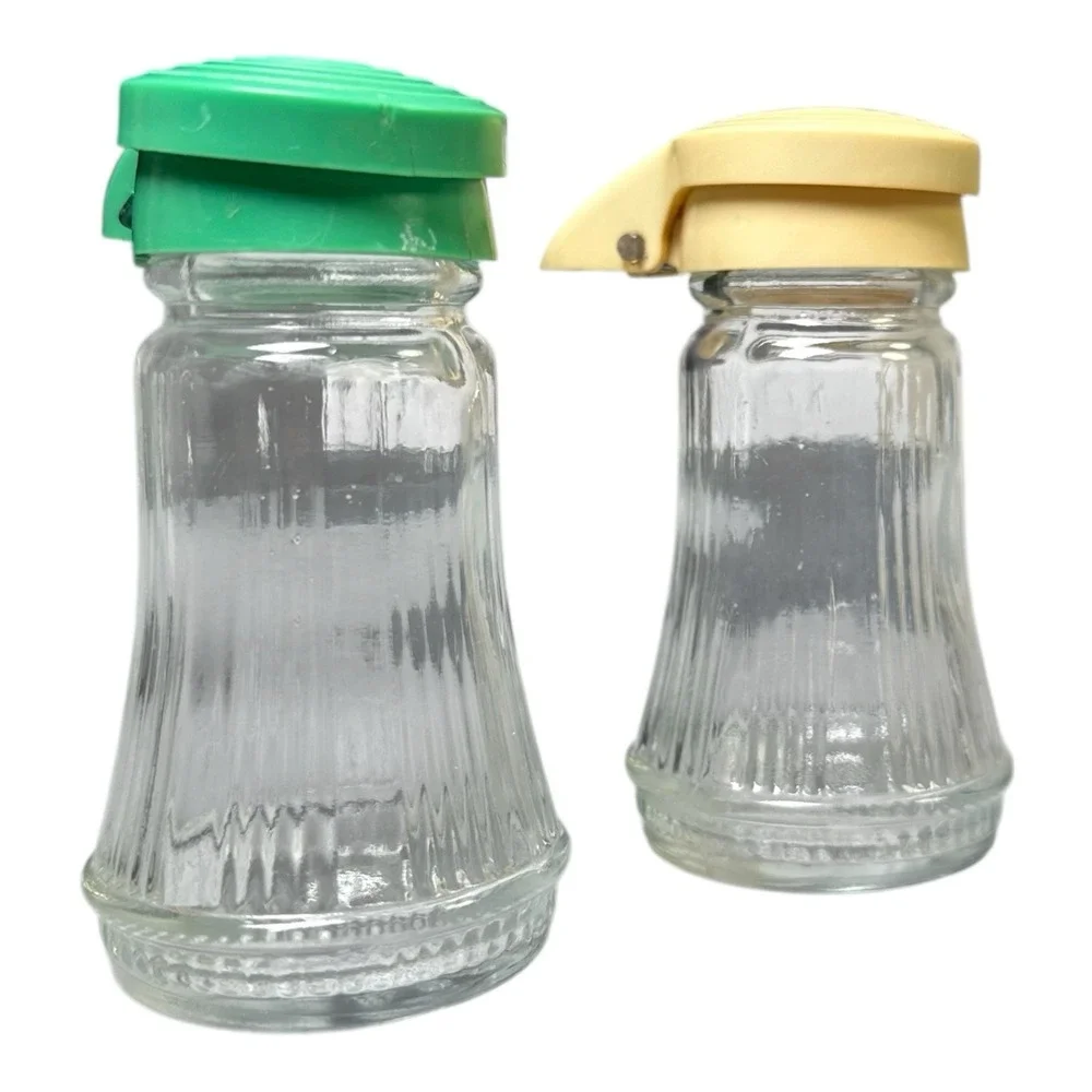 Vintage Daniell's Glass Salt & Pepper Shakers Green Ivory Flip-Top Pattern MCM